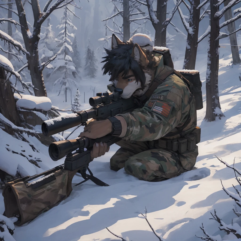 Male, male, Wolf, black fur, white fur, short hair, black hair, red heart stripes on his hair, 20 years old, snipers, sniper rifle, Snow camouflage, winter camouflage, dramatic effect, dramatic light, shadow, shade, higlight, high quality, high details, High detailed image, high quality image, Very detailed shadows, high detail shadows, Snowy forest, snowy, Winter