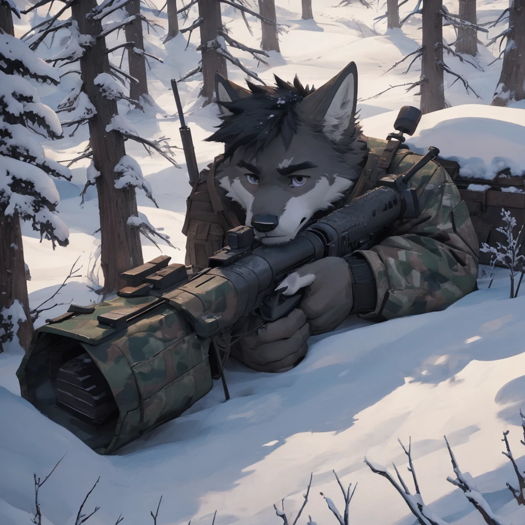 Male, male, Wolf, black fur, white fur, short hair, black hair, red heart stripes on his hair, 20 years old, snipers, sniper rifle, Snow camouflage, winter camouflage, dramatic effect, dramatic light, shadow, shade, higlight, high quality, high details, High detailed image, high quality image, Very detailed shadows, high detail shadows, Snowy forest, snowy, Winter