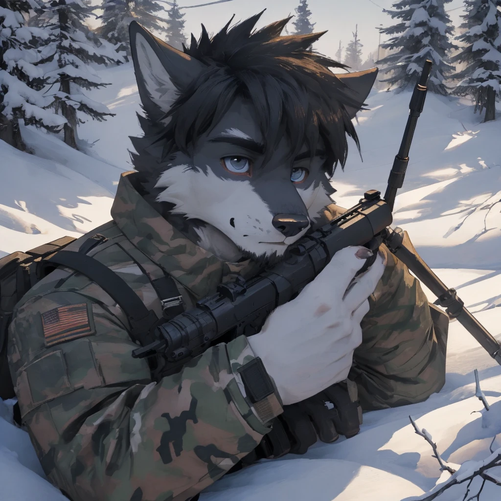 Male, male, Wolf, black fur, white fur, short hair, black hair, red heart stripes on his hair, 20 years old, snipers, sniper rifle, Snow camouflage, winter camouflage, dramatic effect, dramatic light, shadow, shade, higlight, high quality, high details, High detailed image, high quality image, Very detailed shadows, high detail shadows, Snowy forest, snowy, Winter