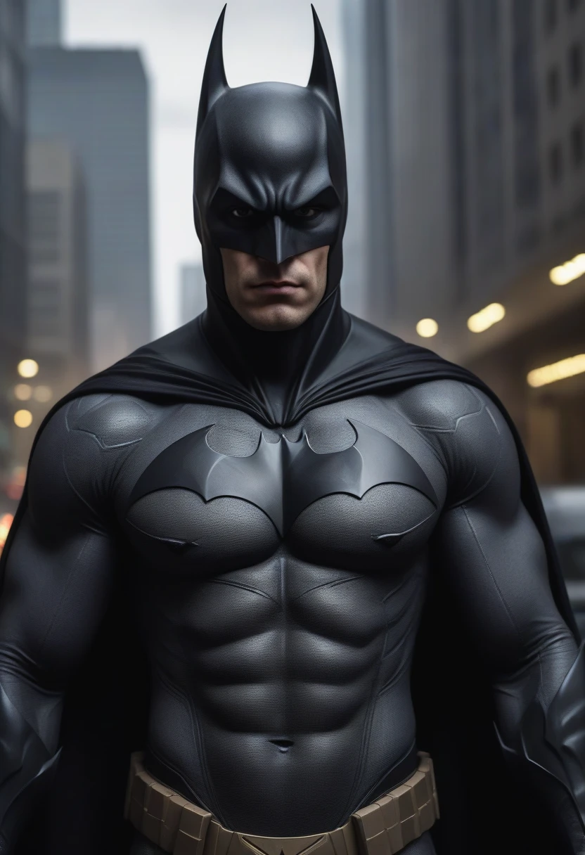 a muscular, chiseled male figure, high-detailed face with piercing eyes, sharp jawline, strong brow, extremely detailed and realistic facial features, wearing a dark, form-fitting Batman costume with pointed ears and a flowing cape, standing in a gritty, urban environment with tall skyscrapers and dark, moody lighting, 8k, high-resolution, cinematic lighting, dramatic shadows, photorealistic, hyper detailed, masterpiece