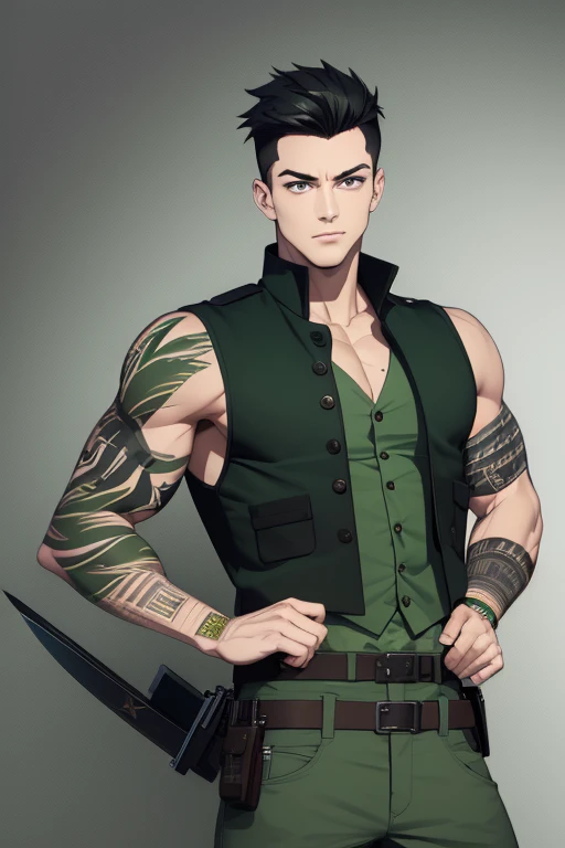 Aiden Flynn 30 build slim muscles military uniform open green vest military print green pants black hair black eyes dark skin tattoo holding a knife
