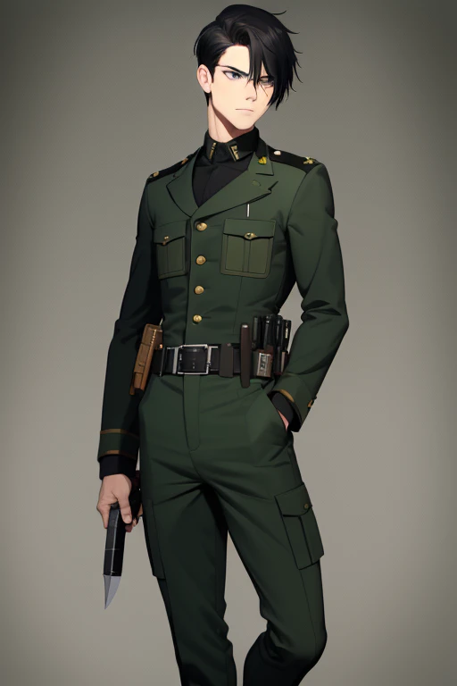 Aiden Flynn 30 build slim muscles military uniform open green vest military print green pants black hair black eyes dark skin tattoo holding a knife