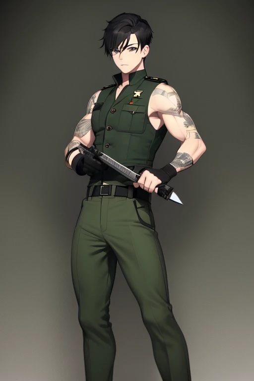 Aiden Flynn 30 build slim muscles military uniform open green vest military print green pants black hair black eyes dark skin tattoo holding a knife
