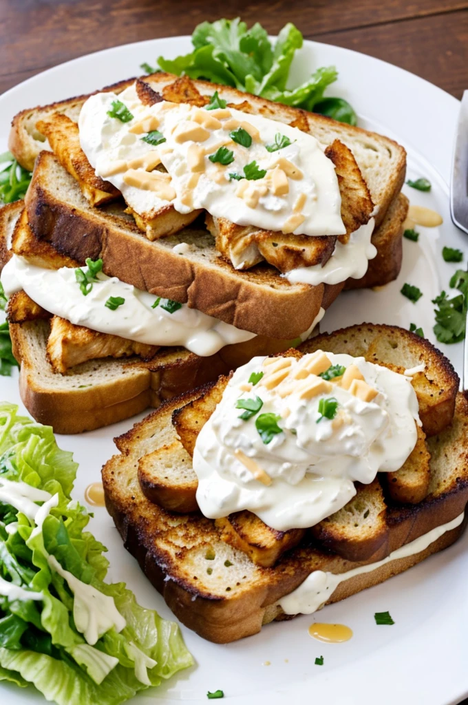 Crispy toast topped with chicken tinga, lettuce, cream and cheese.