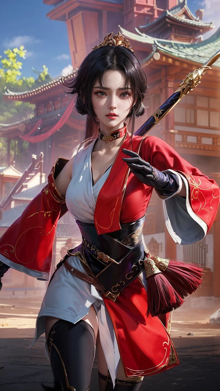 Chinese female general,Saffron Hufu,Detail the eyes,Crimson cape,metal breastplate,Breasts are full and erect,Gold hairband,majestic,Smile(open mouth)(The corners of the mouth are raised),、(Hair in a bun:1.5),(Hair bun raised high)。wilderness background(grassland background), (huge breast), open breast sexy bra, big breast.
