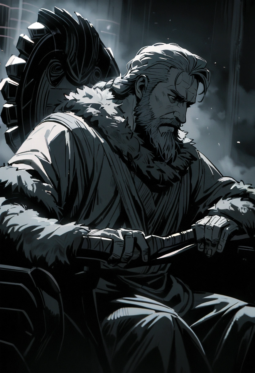 a mature viking man with red braided hair and beard,sitting in a futuristic utopia chair draped in a bear's pelt, sharpening a high-tech axe,detailed face and expression,intricate details,cinematic lighting,dramatic atmosphere,epic scale,muted color palette,moody and atmospheric