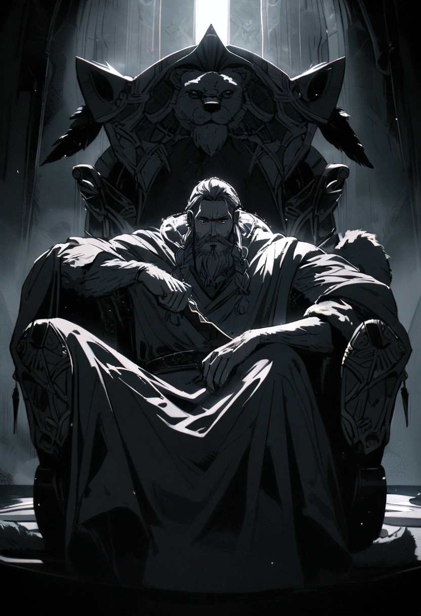 a mature viking man with red braided hair and beard,sitting in a futuristic utopia chair draped in a bear's pelt, sharpening a high-tech axe,detailed face and expression,intricate details,cinematic lighting,dramatic atmosphere,epic scale,muted color palette,moody and atmospheric