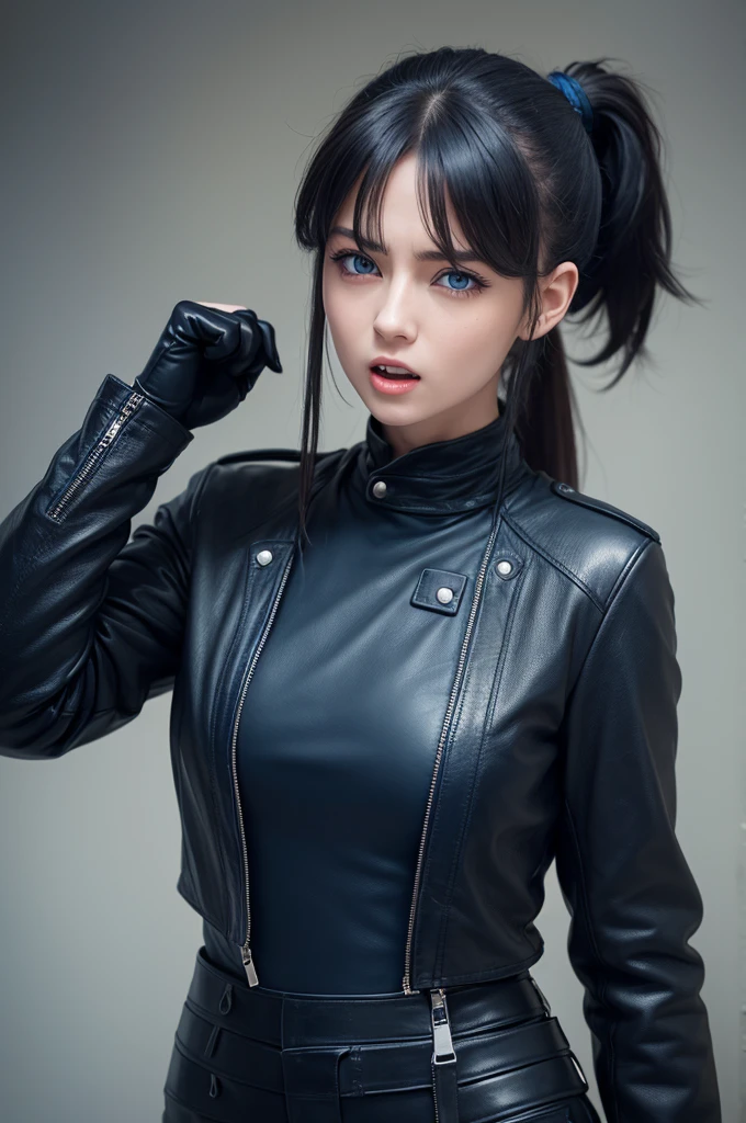 Young woman with long dark blue ponytail, Dark blue eyes and leather clothes. She is sleepy and yawning.