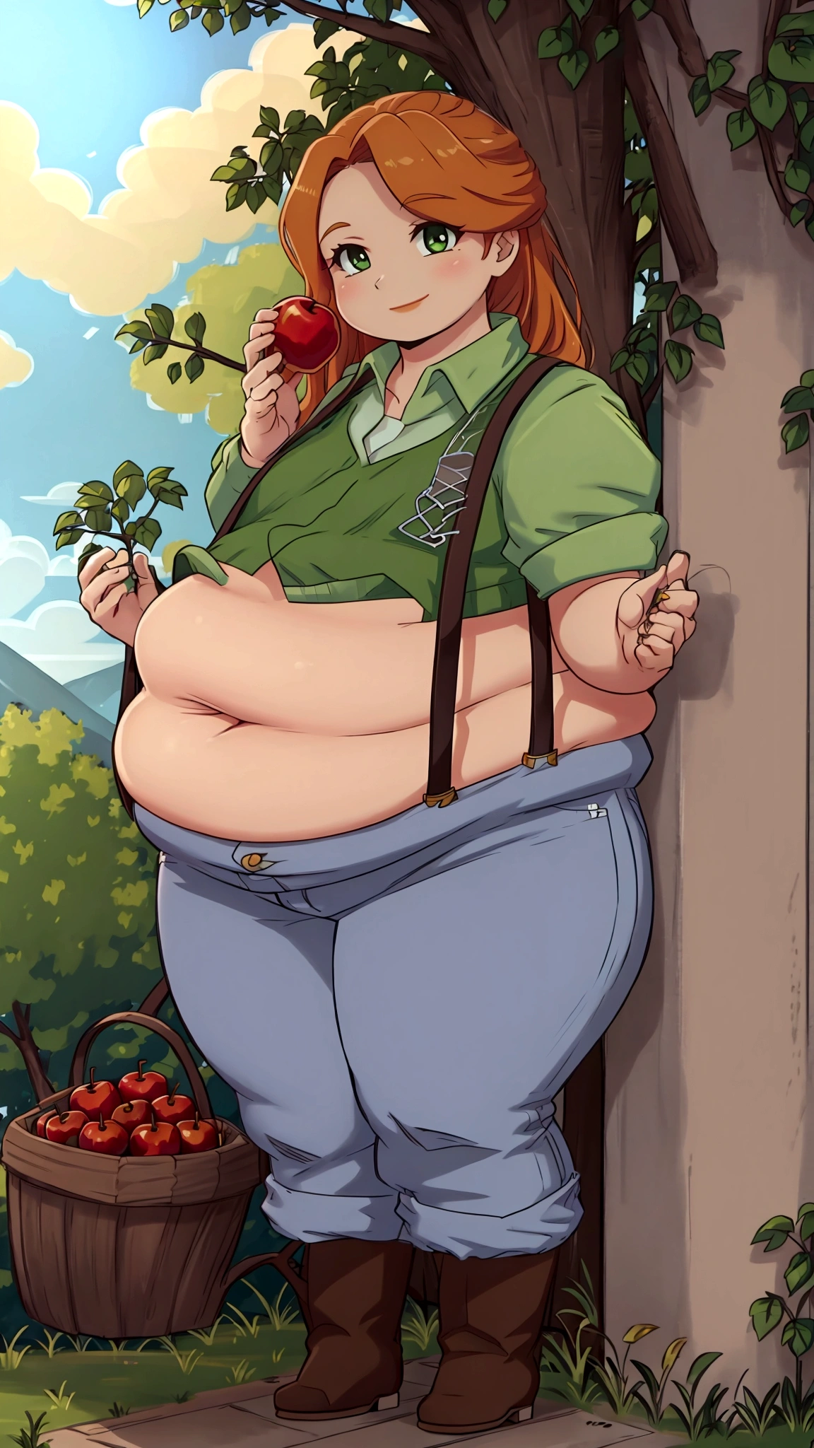 Green simple tunic, suspenders, jeans, brown boots, happy face, smiling, day, long hair, outside, daylight, sunny day, near an apple tree, holding an Apple, chubby, chubby belly, belly rolls