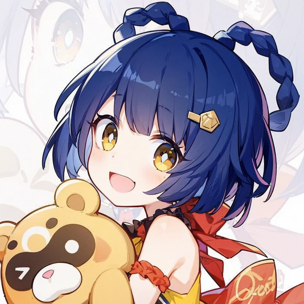 girl with dark blue hair and thin pigtails. yellow eyes. Holds his teddy bear companion in his hands