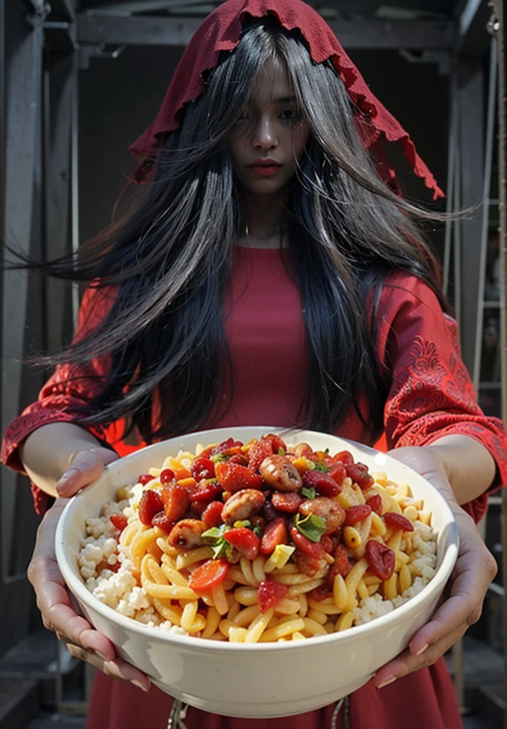 photorealistic, real girl , ((1 girl)), ((ultra-realistic)), gloss, 8k, detailed face, woman wear, red kuntilanak, with red wedding dress transparent, showing seblak food bowl