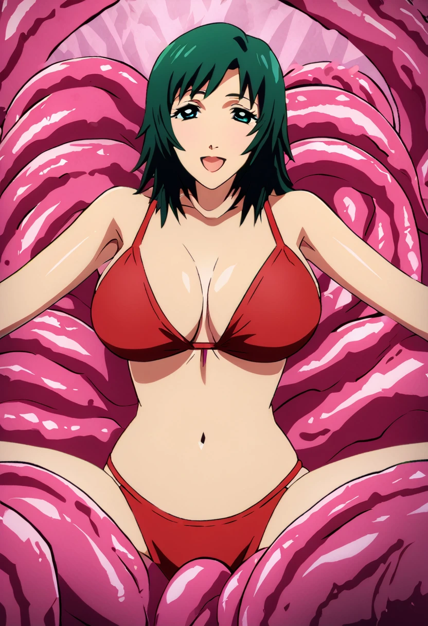((Himeno_CSM)), Smile, A woman sits on a group of smooth tentacles,Tentacle Background,Bikini,warm feeling,masterpiece,Top animation quality,Top image quality,cinematic feeling