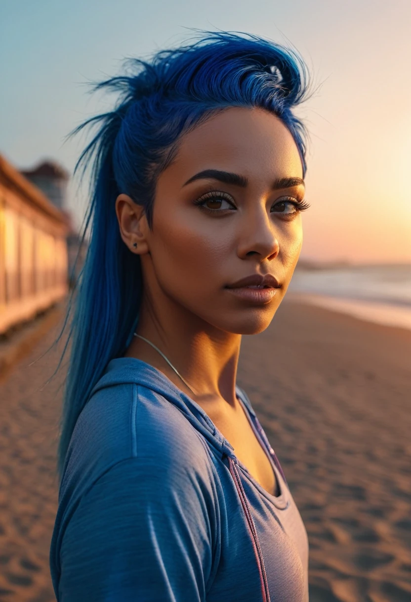 a beautiful mixed-race woman with blue straight hair, in sportwear on a beach with a sunset, detailed face, warm lighting, detailed architecture, cinematic composition, atmospheric, moody, vibrant colors, (best quality,4k,8k,highres,masterpiece:1.2),ultra-detailed,(realistic,photorealistic,photo-realistic:1.37)