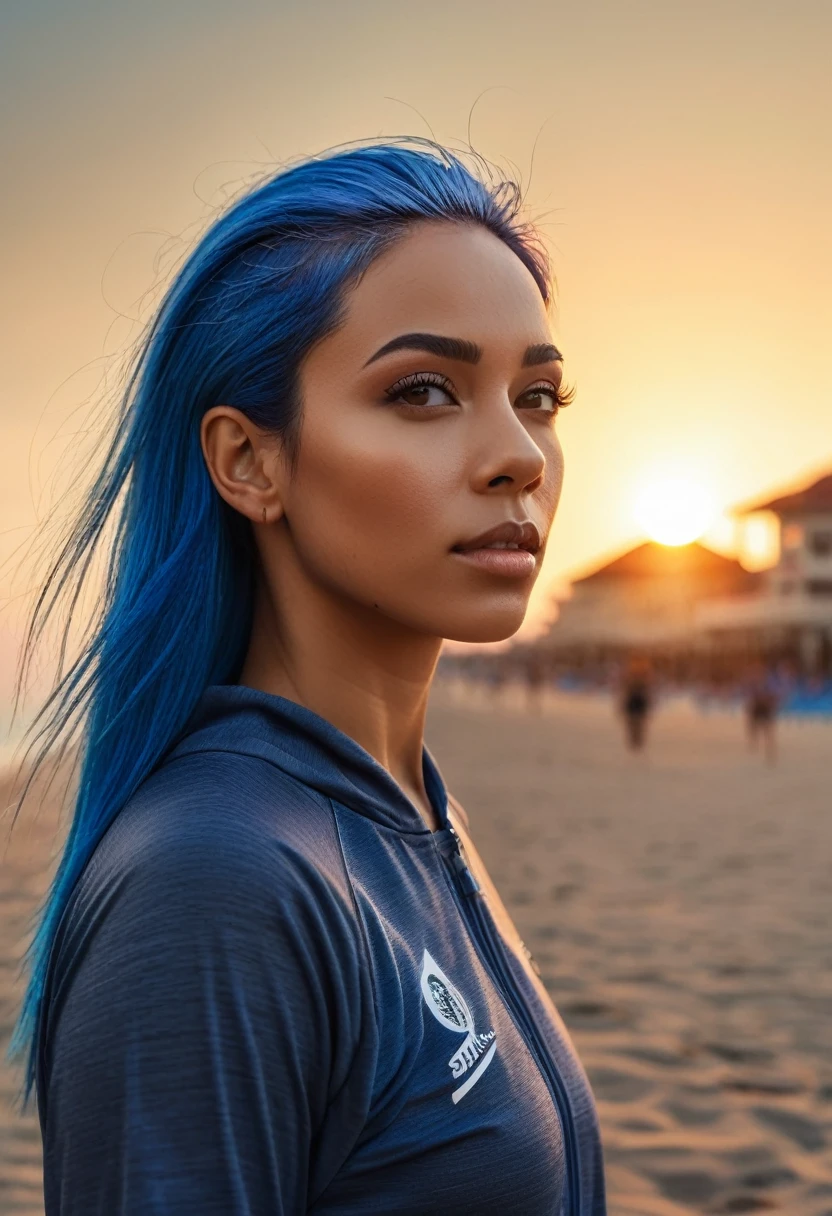 a beautiful mixed-race woman with blue straight hair, in sportwear on a beach with a sunset, detailed face, warm lighting, detailed architecture, cinematic composition, atmospheric, moody, vibrant colors, (best quality,4k,8k,highres,masterpiece:1.2),ultra-detailed,(realistic,photorealistic,photo-realistic:1.37)