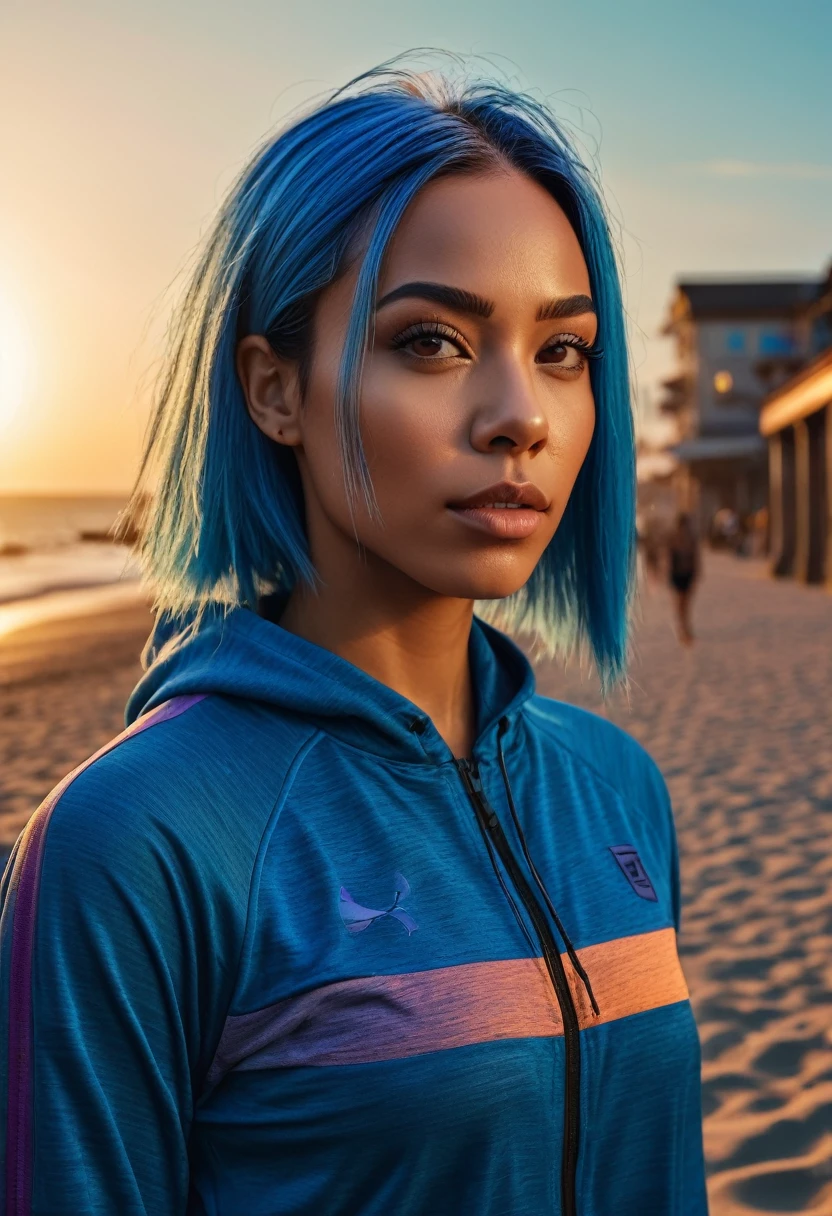 a beautiful mixed-race woman with blue straight hair, in sportwear on a beach with a sunset, detailed face, warm lighting, detailed architecture, cinematic composition, atmospheric, moody, vibrant colors, (best quality,4k,8k,highres,masterpiece:1.2),ultra-detailed,(realistic,photorealistic,photo-realistic:1.37)