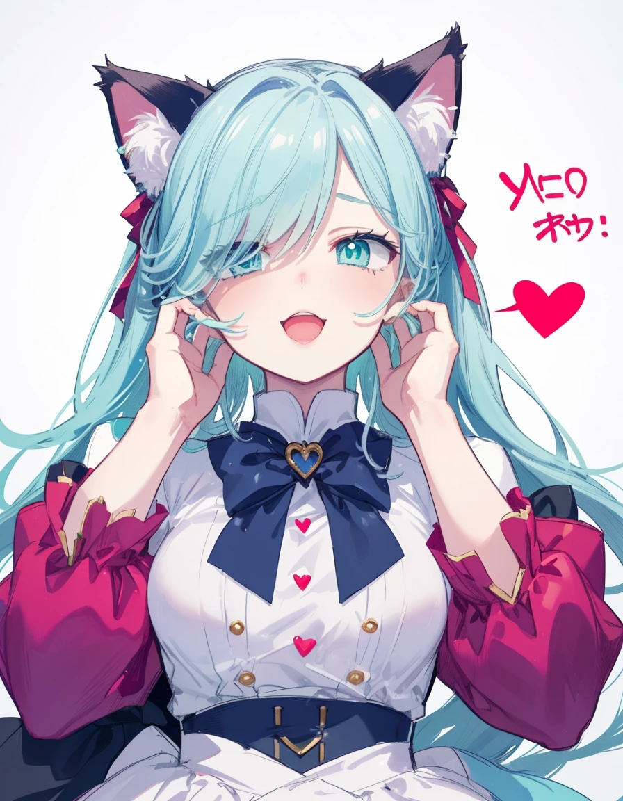 wink, open mouth, heart, ((masterpiece, best quality:1.5)), ((Beautiful detailed cat aqua eyes:1.2)), cat ears, pale skin, medium , beautiful hands, beautiful fingers, EasyNegative