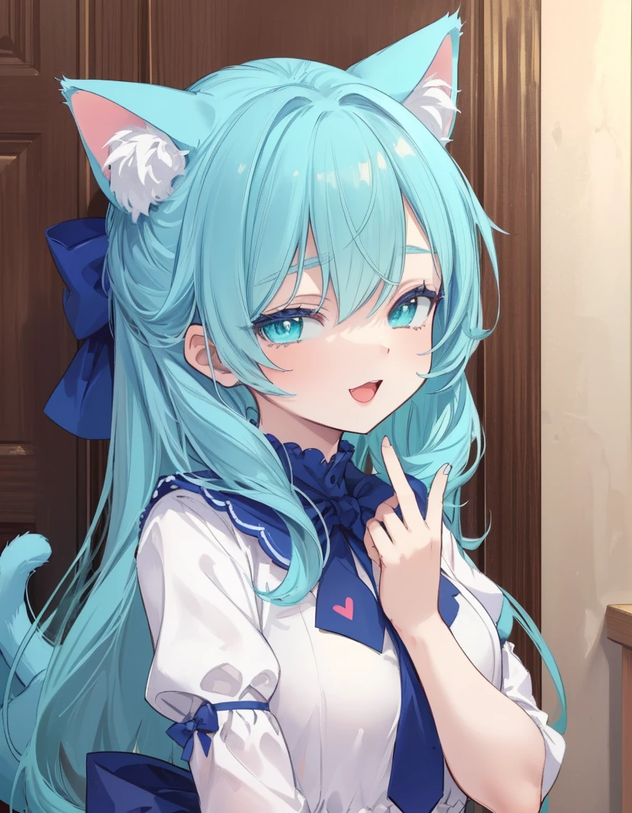 wink, open mouth, heart, ((masterpiece, best quality:1.5)), ((Beautiful detailed cat aqua eyes:1.2)), cat ears, pale skin, medium breasts, beautiful hands, beautiful fingers, EasyNegative