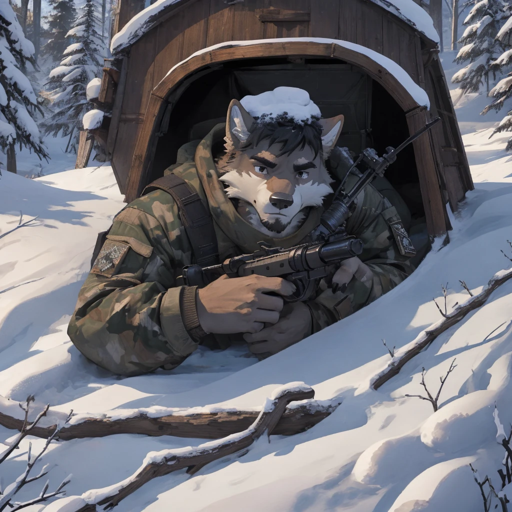 Male, male, Wolf, black fur, white fur, short hair, black hair, red heart stripes on his hair, 20 years old, snipers, sniper rifle, Snow camouflage, winter camouflage, dramatic effect, dramatic light, shadow, shade, higlight, high quality, high details, High detailed image, high quality image, Very detailed shadows, high detail shadows, Snowy forest, snowy, Winter