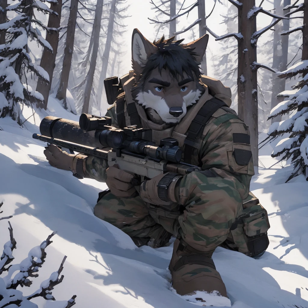 Male, male, Wolf, black fur, white fur, short hair, black hair, red heart stripes on his hair, 20 years old, snipers, sniper rifle, Snow camouflage, winter camouflage, dramatic effect, dramatic light, shadow, shade, higlight, high quality, high details, High detailed image, high quality image, Very detailed shadows, high detail shadows, Snowy forest, snowy, Winter