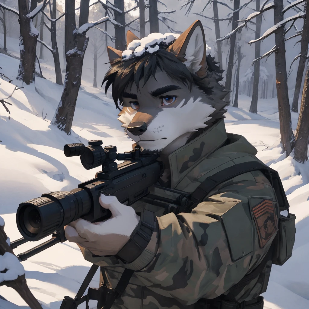 Male, male, Wolf, black fur, white fur, short hair, black hair, red heart stripes on his hair, 20 years old, snipers, sniper rifle, Snow camouflage, winter camouflage, dramatic effect, dramatic light, shadow, shade, higlight, high quality, high details, High detailed image, high quality image, Very detailed shadows, high detail shadows, Snowy forest, snowy, Winter