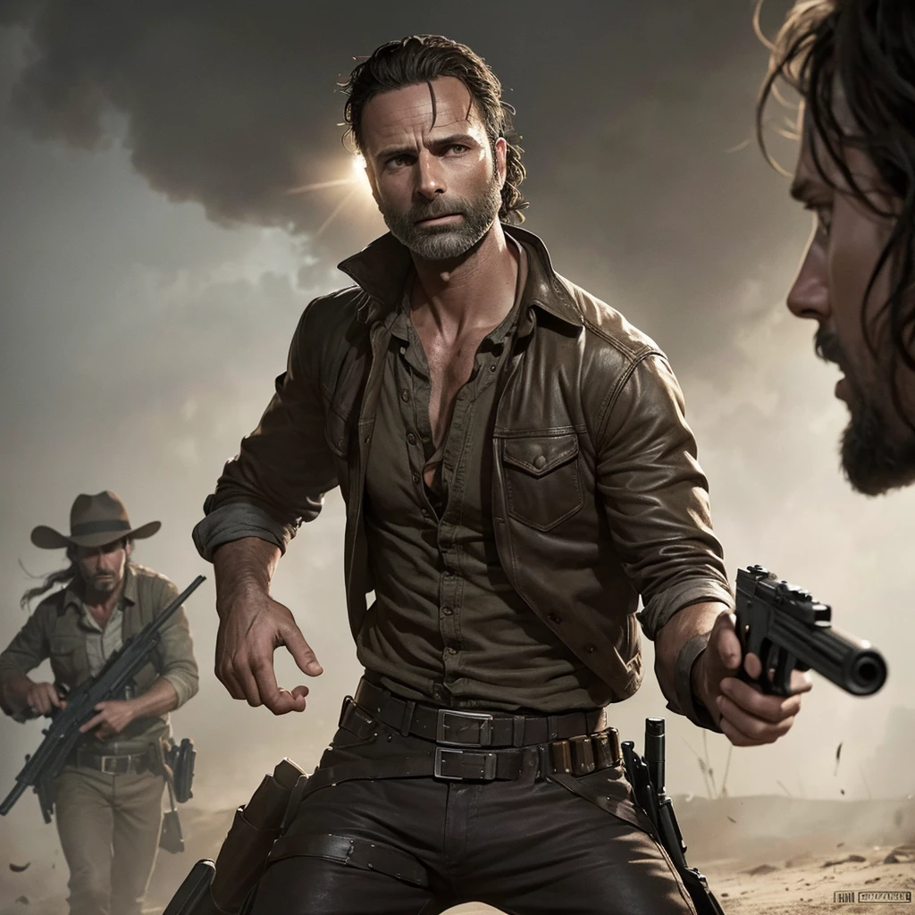 A stunning hyperrealistic digital painting of Rick Grimes from The Walking Dead, featuring incredibly detailed and photorealistic elements. Rick Grimes is shown in a dynamic pose, pointing a gun with intense emotions on his face. In the background, Michonne is visible, adding depth to the scene. The lighting is dramatic with chiaroscuro effects, creating intense shadows and highlights that enhance the overall cinematic feel. The composition is masterful, capturing the tension and drama of the moment, rendered in ultra-detailed 8k resolution, showcasing an award-winning level of digital artistry.
