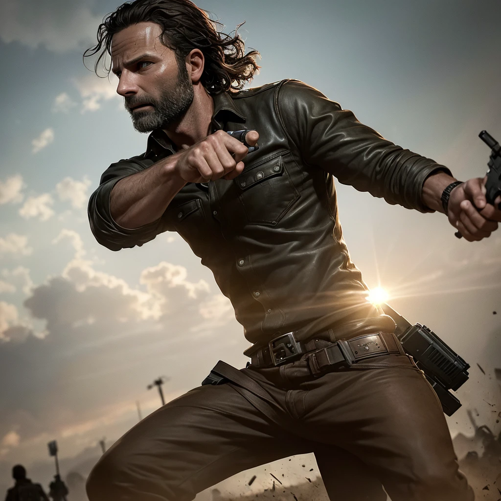 A stunning hyperrealistic digital painting of Rick Grimes from The Walking Dead, featuring incredibly detailed and photorealistic elements. Rick Grimes is shown in a dynamic pose, pointing a gun with intense emotions on his face. In the background, Michonne is visible, adding depth to the scene. The lighting is dramatic with chiaroscuro effects, creating intense shadows and highlights that enhance the overall cinematic feel. The composition is masterful, capturing the tension and drama of the moment, rendered in ultra-detailed 8k resolution, showcasing an award-winning level of digital artistry.