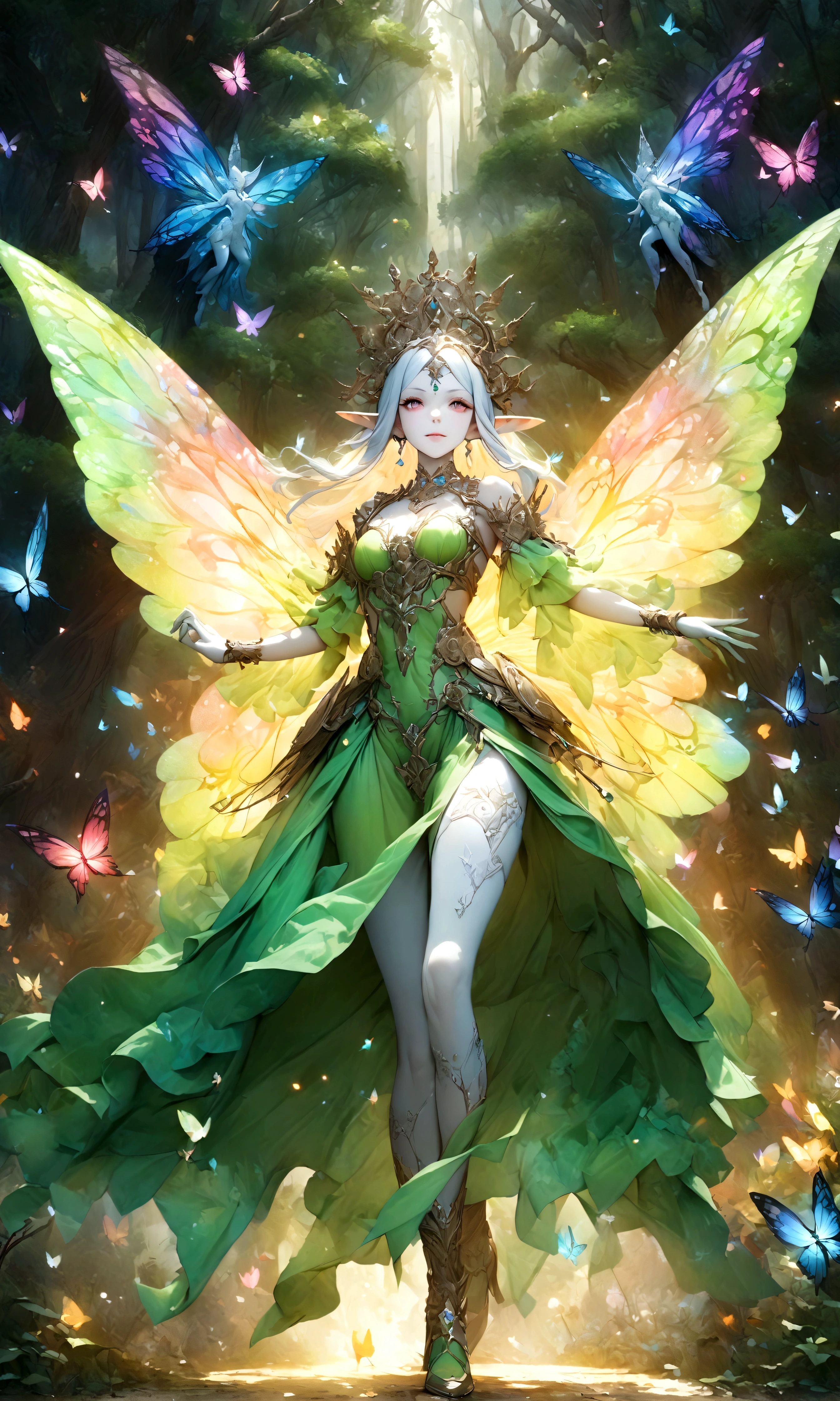 draw the queen of spirits,white skin type,perfect face,pointed ears,elf elements,Queen's tiara made of silver,noble and beautiful,confident look,It's a tree spirit,fairy wings,perfect proportions,(Perfect Anatomy: 1.3),zoom out,show the whole body,Make brown and green the main colors,use magic,elegant,rich colors,artwork,rendering,dynamic pose,(highest quality:1.4),(Super detailed:1.5),High resolution,Very detailed,unity 8k wallpaper,elements of dark fantasy,Light and darkness,Wind,fairy forest,shining butterfly,anatomically correct