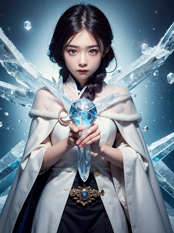 One Girl, Ice wand, White Cape, Ice crystals, winter, Frozen, Ice Castle, Transparency
, Cowboy Shot