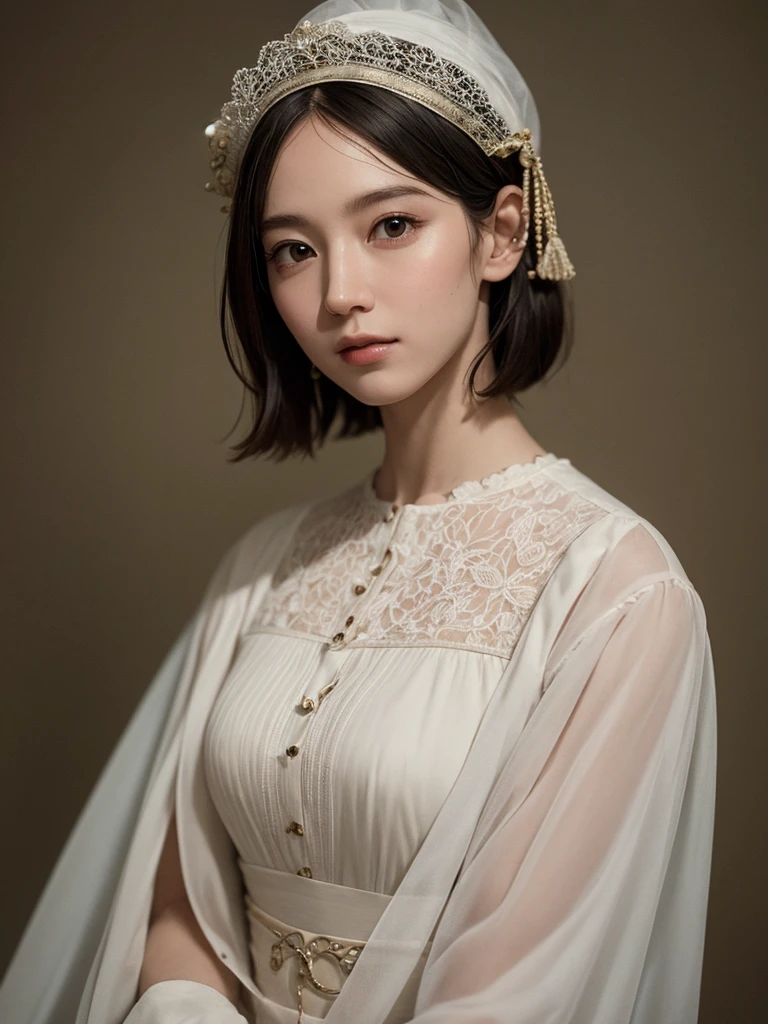 (Highest quality), (masterpiece), highly detailed, I'm having raw sex with a young girl, Riho Yoshioka, who is lying on her back on the bed and wearing a see-through white swimsuit., body, whole body, Eyes that are evenly shaped, Big eyes, Droopy eyes, A dreamy look, Seductive pose, very very short hair, Almost flat breasts, she does shy smile, she is blushing, She has a full head of pubic hair, Beautiful Vagina, I am having sex with her, get creampied, She is gasping with her mouth open, A simple background with just a sheet,