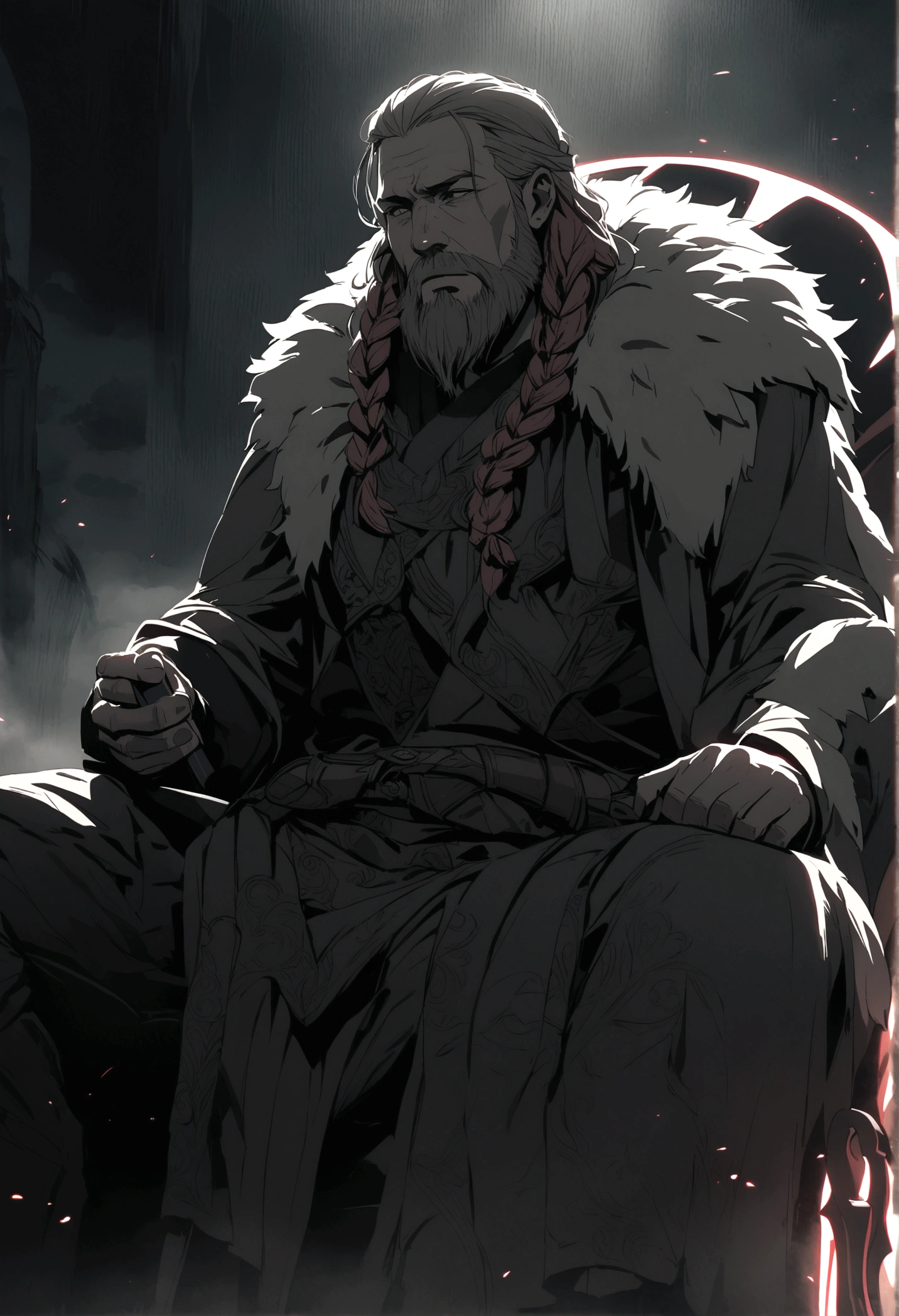 a mature viking man with red braided hair and beard,sitting in a futuristic utopia chair draped in a bear's pelt, sharpening a high-tech axe,detailed face and expression,intricate details,cinematic lighting,dramatic atmosphere,epic scale,muted color palette,moody and atmospheric