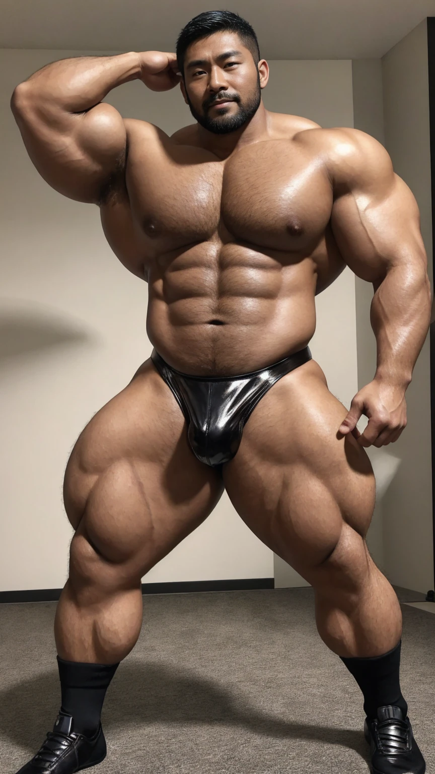 There is only one handsome Asian actor in the photo,35 years old,High target, Fitness,short hair, O-Shaped Beard,Perfect body, Dark skin color,Radiant Skin,Smooth skin,Muscle bulge, muscular, Very large pectoral muscles,Very sexy abdominal muscles,Very well-developed leg muscles,Huge concave and convex area,Brightens oily skin,Wearing black leather shiny thong,Handsome face, Correct and accurate male body proportions, Wear black socks,There are iron chains around the body,Stand among the flowers。