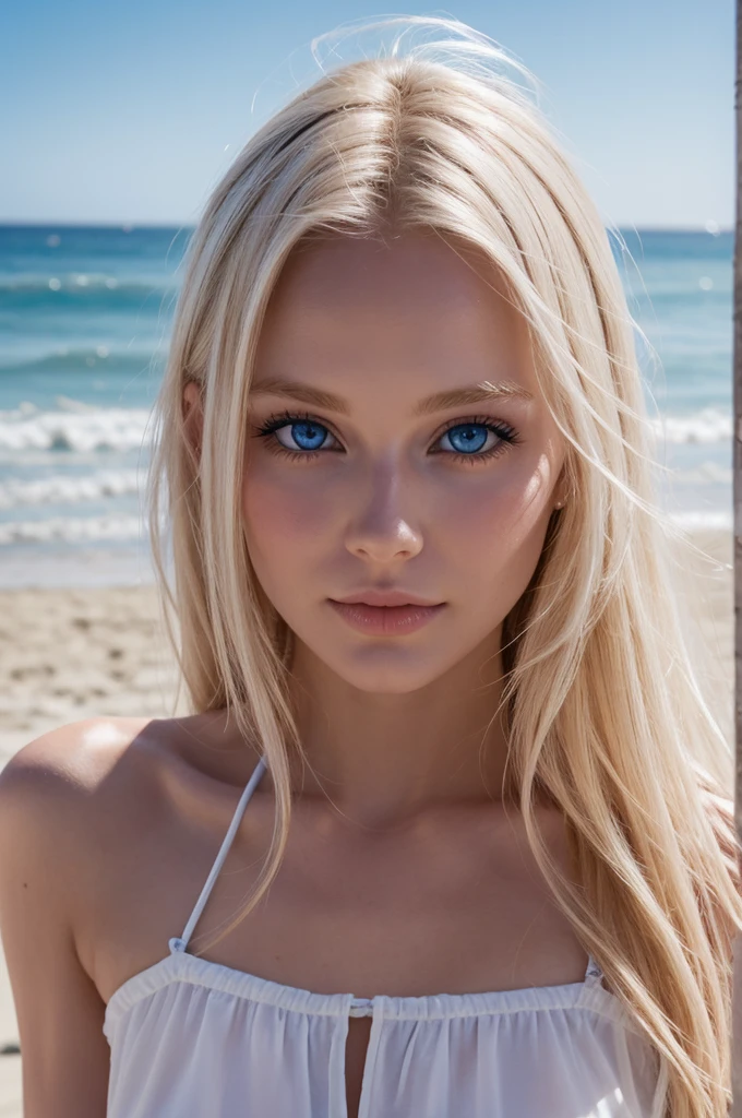 beautfull woman, Blonde hair in the wind, shining blue eyes, realisitic, work of art, highy detailed, 4K, beach background, highy detailed light, small smiling, Caucasian skin