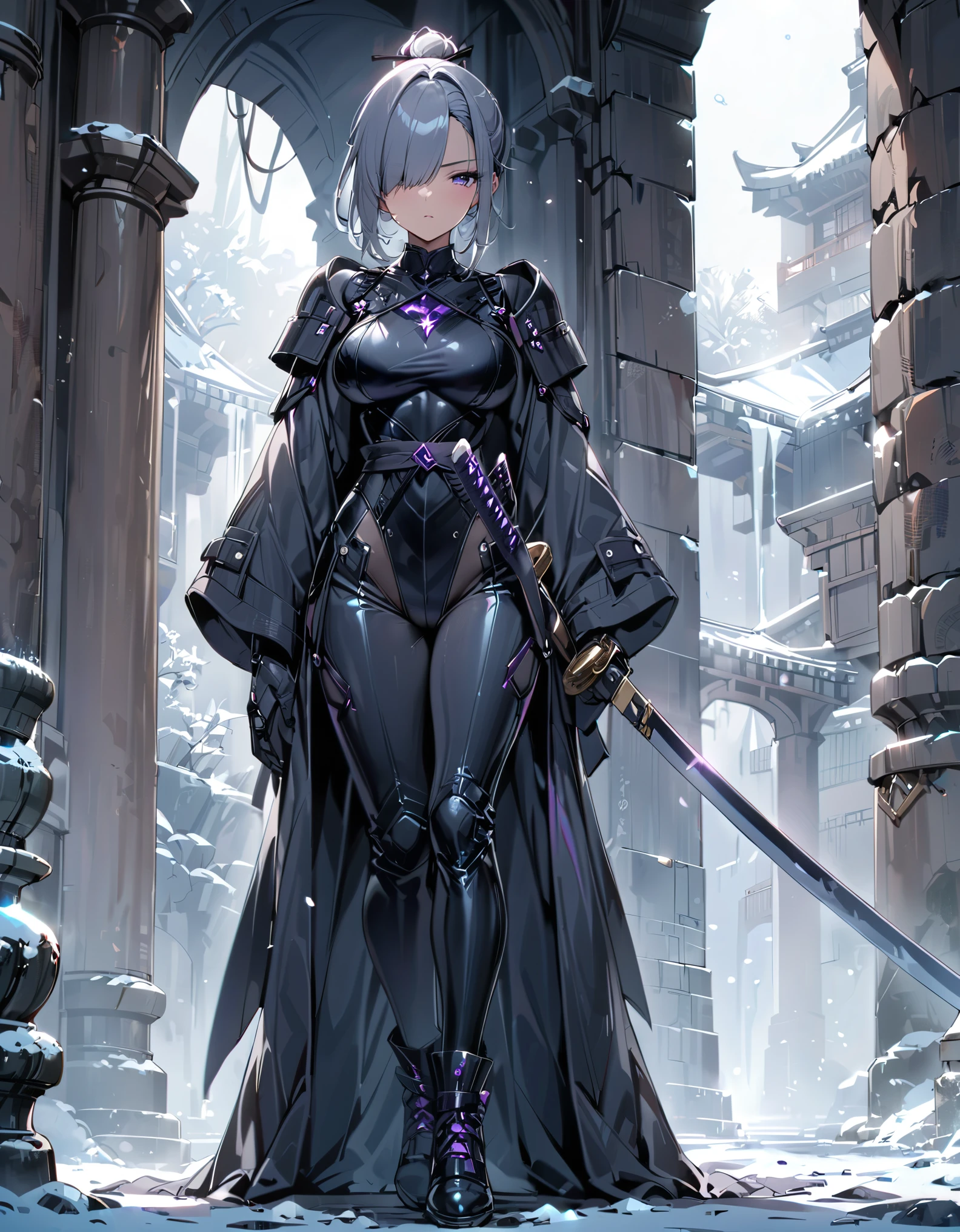 masterpiece, highly detailed, best quality, high quality, 1girl, (solo, solo focus), purple eyes, beautiful detailed eyes, beautiful detailed face, perfect hands, complete fingers, perfect anatomy, perfect proportions, (short hair, bob hair, ponytail hair, grey hair), (hair over one eye:1.3), ((holding weapon, two katana swords)), detailed shadows, detailed light, (black skintight bodysuit, (black leotard), shoulder holster), (full black pantyhose, skintight black leggings), matching boots, full body, serious, cowboy shot, snowy alleyway backdrop. full body costume design.