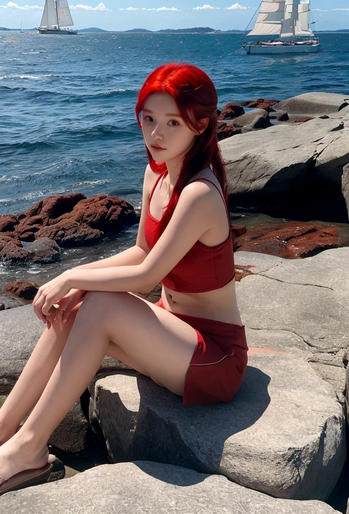 girl with red hair in the foreground, Sea, rocks, sailboat in the sun in the background