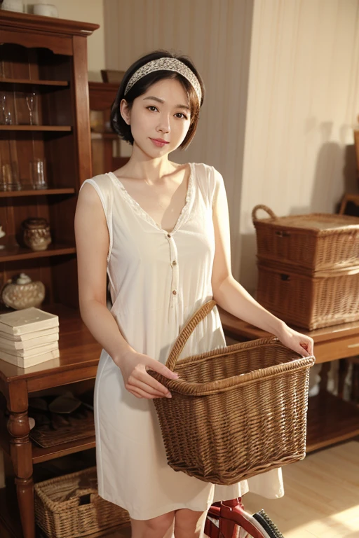 Highest quality、masterpiece、High sensitivity、High resolution、Detailed Description、Slender women、Slim Body、Headband、Short Bob、Shopping by bicycle、housewife