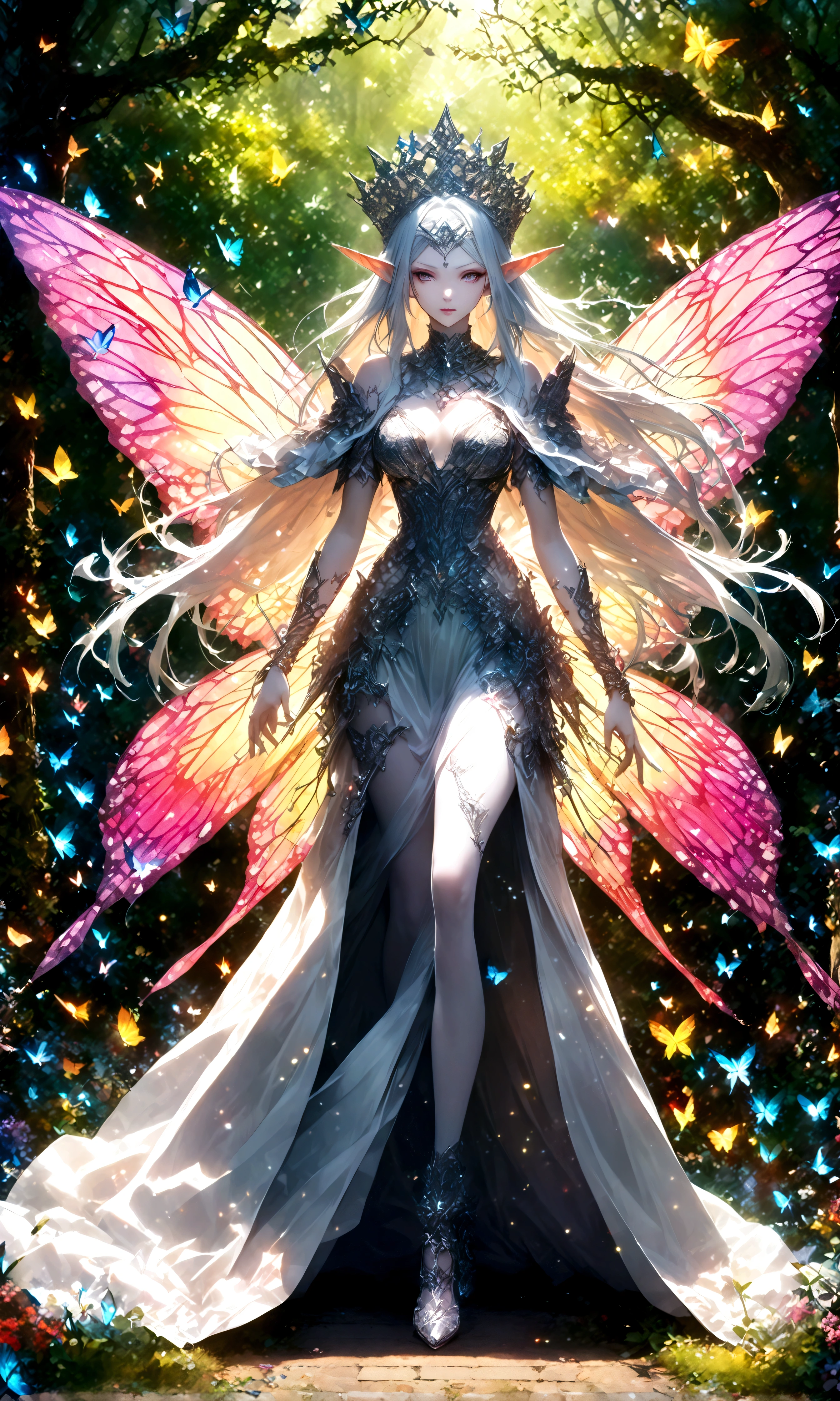 draw the queen of spirits,white skin type,perfect face,pointed ears,elf elements,Queen's tiara made of silver,noble and beautiful,confident look,long silk dress,fairy wings,perfect proportions,(Perfect Anatomy: 1.3),zoom out,show the whole body,use magic,elegant,artwork,rendering,dynamic pose,(highest quality:1.4),(Super detailed:1.5),High resolution,Very detailed,unity 8k wallpaper,elements of dark fantasy,Light and darkness,Wind,fairy forest,shining butterfly,anatomically correct