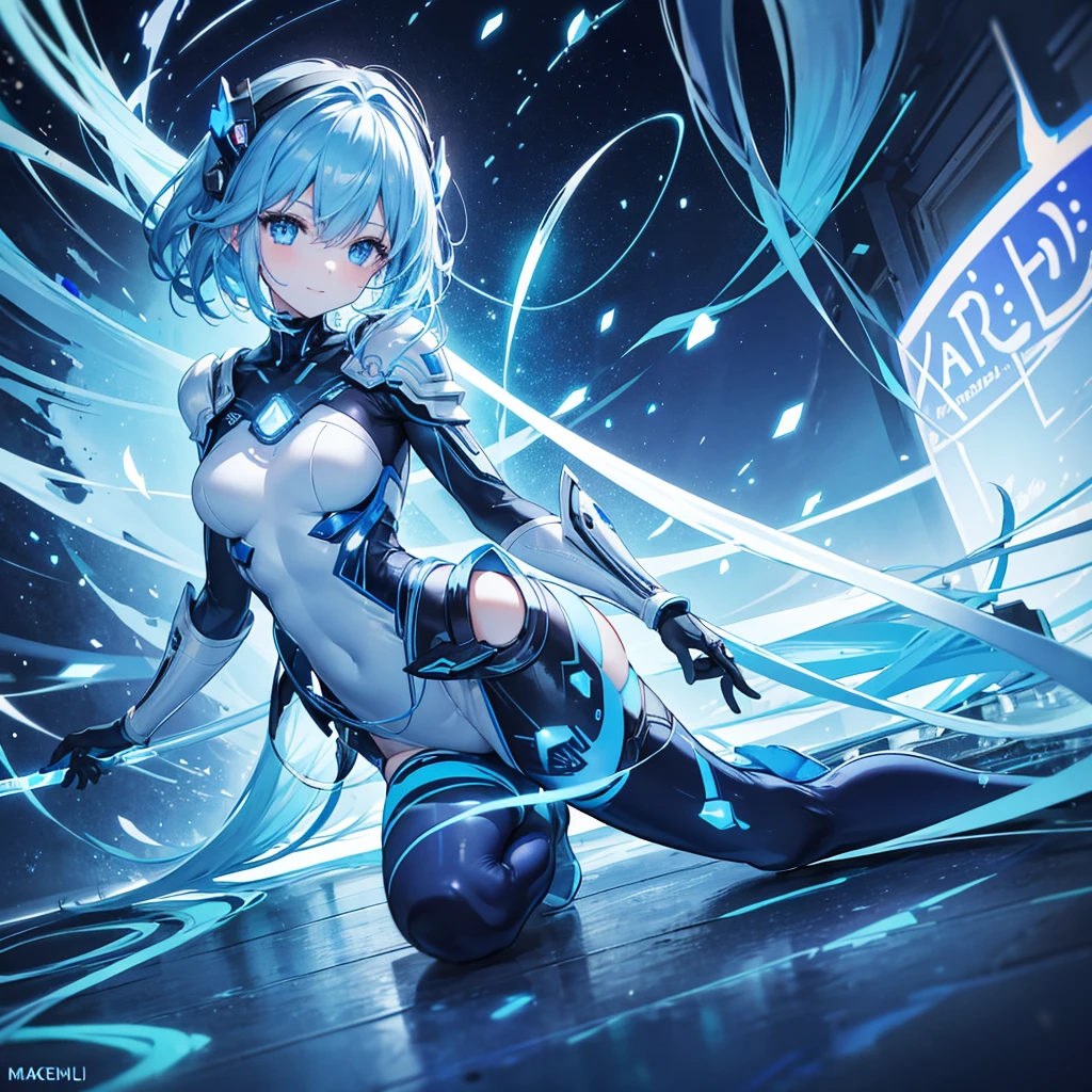8K, Highest quality, (real:1.4), Original photo, 1 girl, Asari Hair, Biological Amplifier, Very sleek and futuristic armor, posture: Peace talks between warring factions,,attention arousal, smart blue eyes,A modest smile,Knee-high boots,Patent-look blue tights,Blue big moon and blue light swirl in the background,Blue light from behind,blue light magic,A small, glowing blue ball in the palm of your hand,Blue flame swirl,Blue Comet,Polished floor,