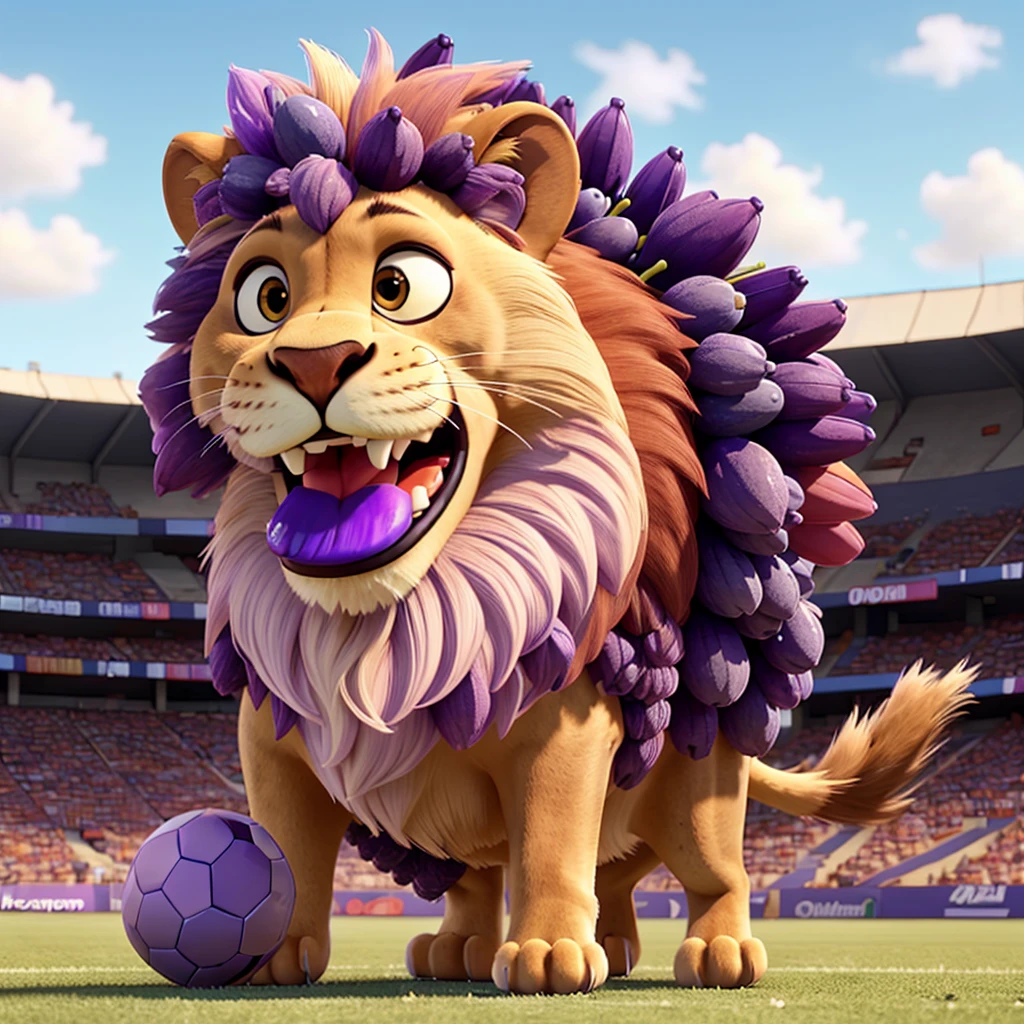 a lion eating purple grapes in a soccer stadium