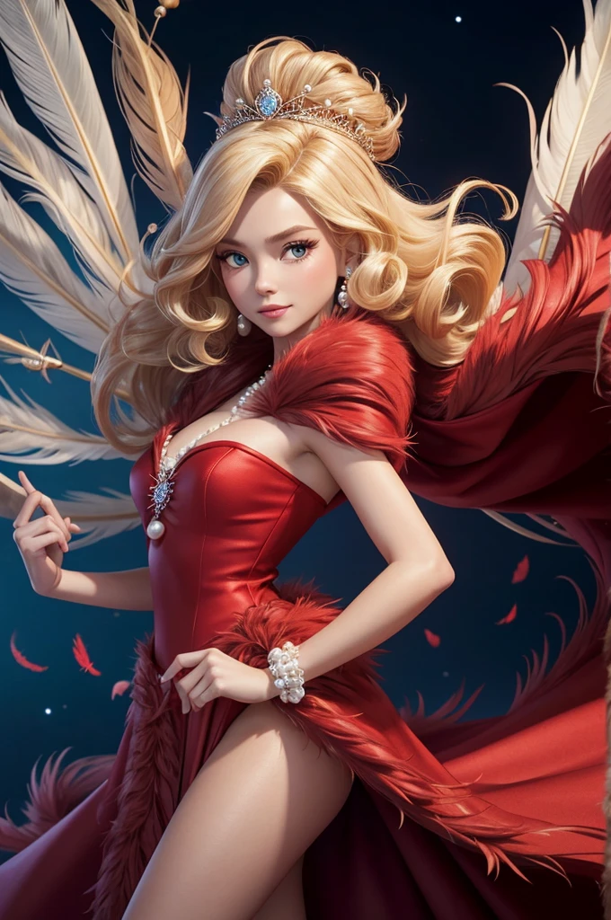 3d, disney cartoon style, pixar style, a lady with a fur coat draped over the shoulders, short wavy blonde hair, wearing a pearl and feather headpiece, wearing red dress, full body