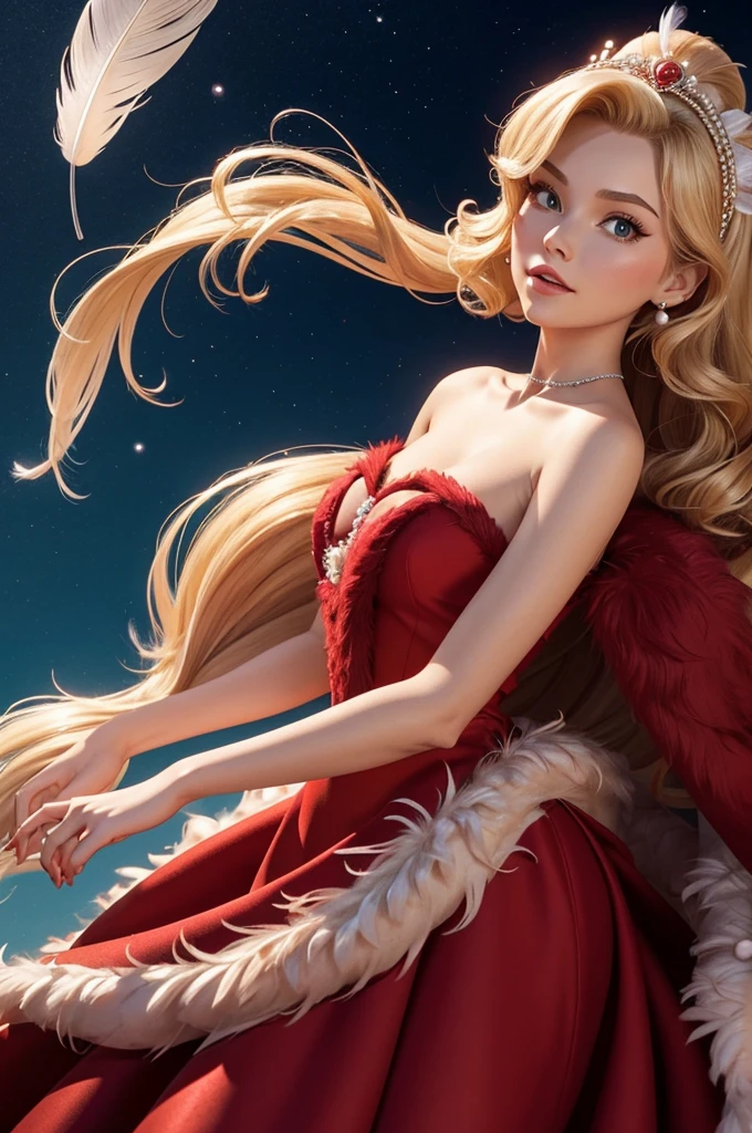 3d, disney cartoon style, pixar style, a lady with a fur coat draped over the shoulders, short wavy blonde hair, wearing a pearl and feather headpiece, wearing red dress, full body