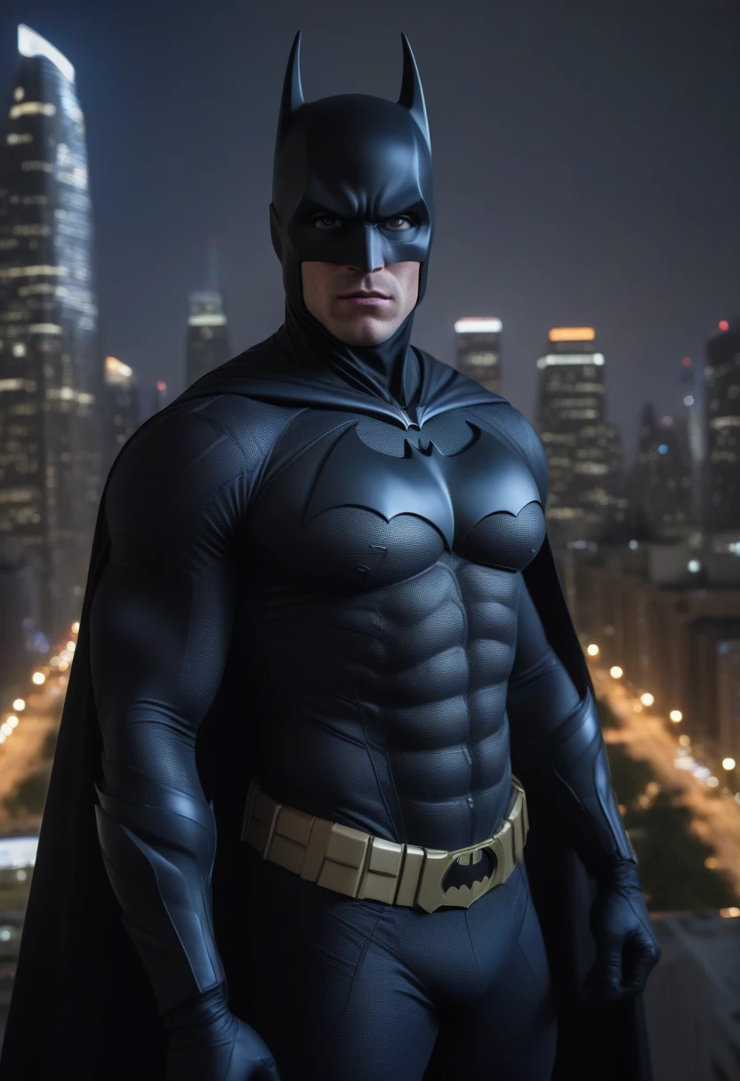 a muscular man with short dark hair, piercing blue eyes, a chiseled jawline, and a confident expression, wearing a sleek black Batman costume with a cape and cowl, standing tall in a dark city setting with skyscrapers and a moody, dramatic lighting, cinematic, (best quality,4k,8k,highres,masterpiece:1.2),ultra-detailed,(realistic,photorealistic,photo-realistic:1.37),HDR,UHD,studio lighting,extreme detail description,vivid colors,dramatic lighting,dark and gritty,comic book style