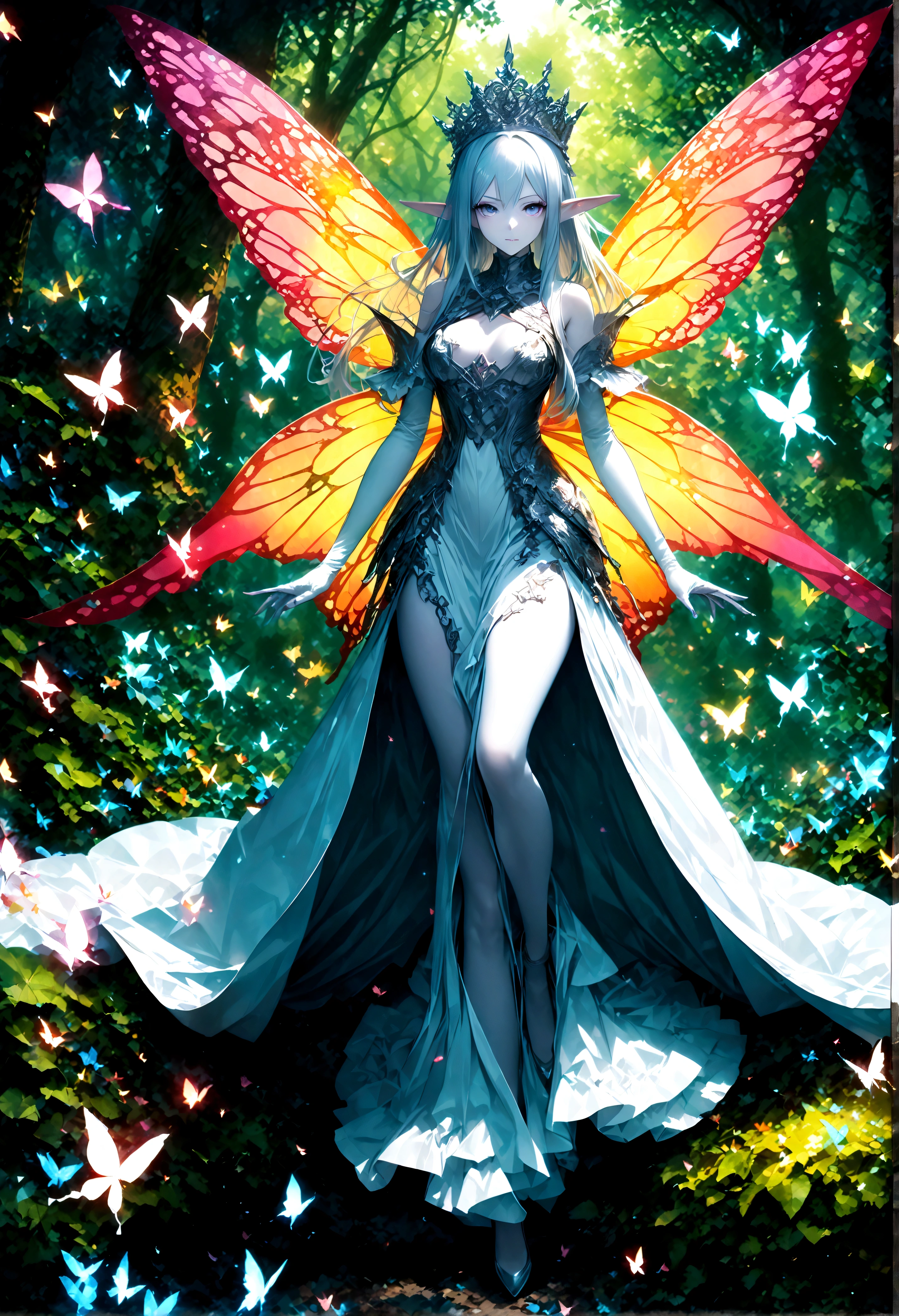 draw the queen of spirits,white skin type,perfect face,pointed ears,elf elements,Queen's tiara made of silver,noble and beautiful,confident look,long silk dress,fairy wings,perfect proportions,(Perfect Anatomy: 1.3),zoom out,show the whole body,use magic,elegant,artwork,rendering,dynamic pose,(highest quality:1.4),(Super detailed:1.5),High resolution,Very detailed,unity 8k wallpaper,Wind,fairy forest,shining butterfly,anatomically correct