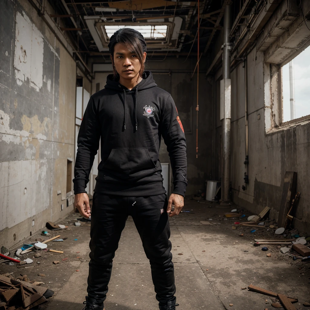 The indonesian man with (hairstyle) cosplay, black hoodie full armor. He is wearing (colouring) mecha armor. Standing pose with arm-weapon-long-sniper in the abandoned shipyard