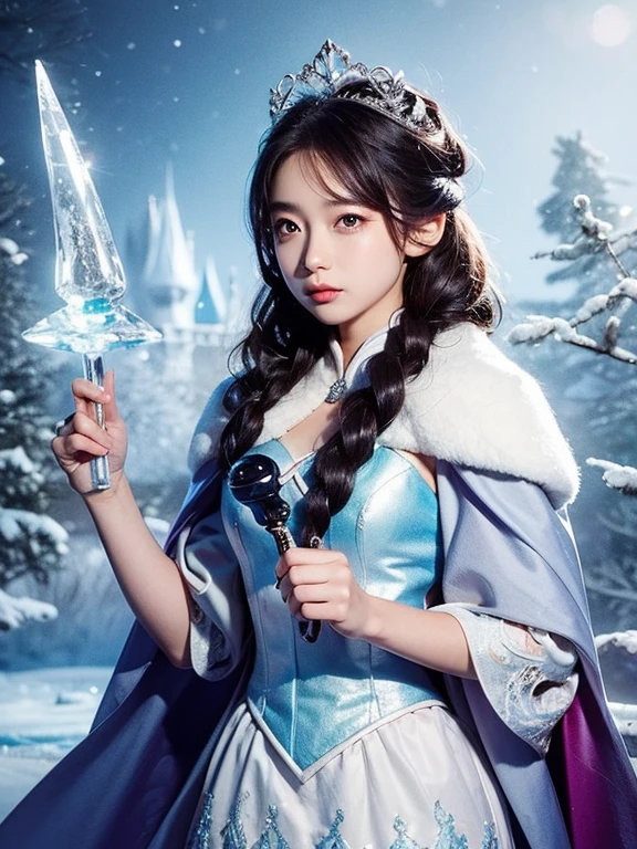 One Girl, Ice wand, White Cape, Ice crystals, winter, Frozen, Ice Castle, Transparency
, Cowboy Shot