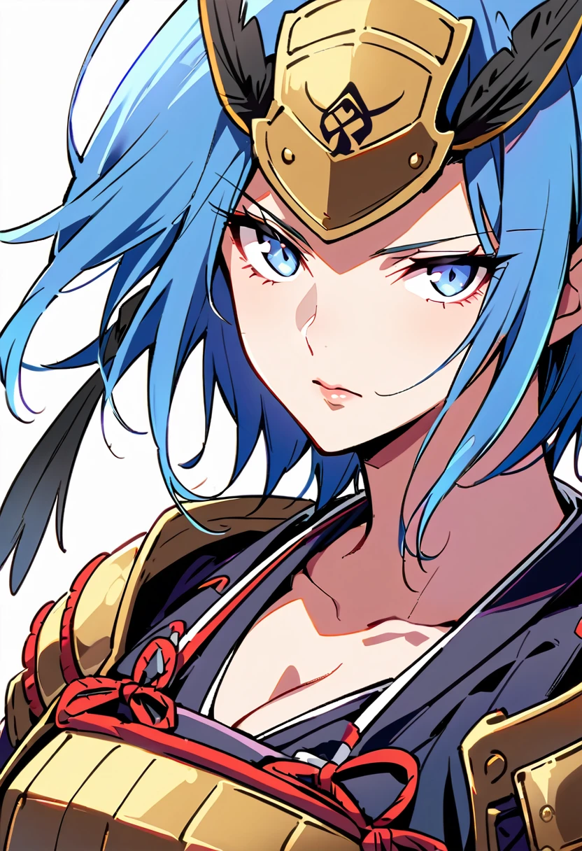 female samurai，has a samurai armor with black raven feathers on, blue hair and white eyes, big breasts can be seen, looks at the viewer, she looks at the viewer pessimistically,