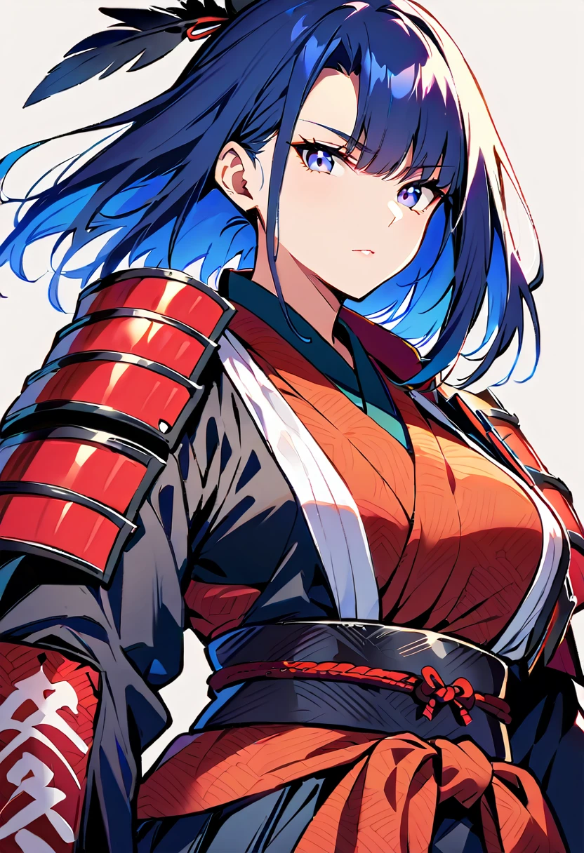 female samurai，has a samurai armor with black raven feathers on, blue hair and white eyes, big breasts can be seen, looks at the viewer, she looks at the viewer pessimistically,