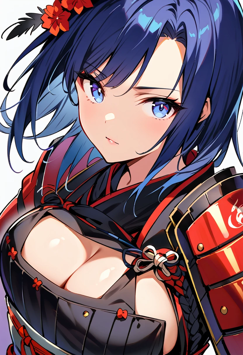 female samurai，has a samurai armor with black raven feathers on, blue hair and white eyes, big breasts can be seen, looks at the viewer, she looks at the viewer pessimistically,