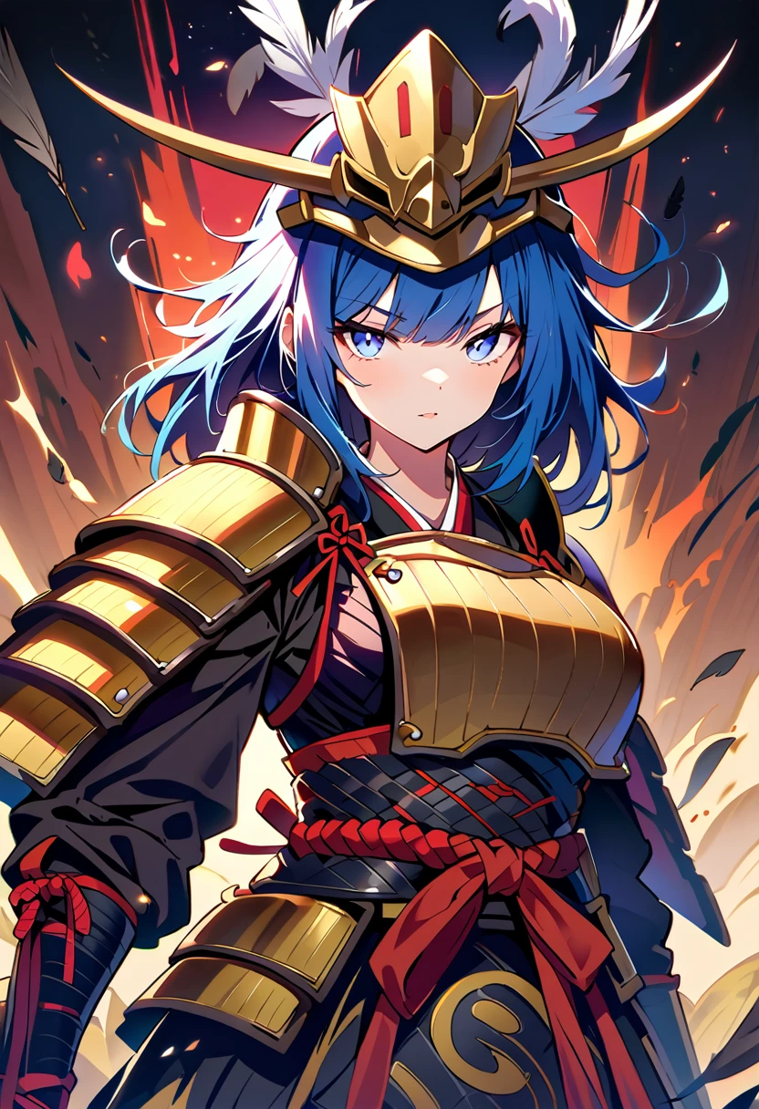 female samurai，has a samurai armor with black raven feathers on, blue hair and white eyes, big breasts can be seen, looks at the viewer, she looks at the viewer pessimistically,