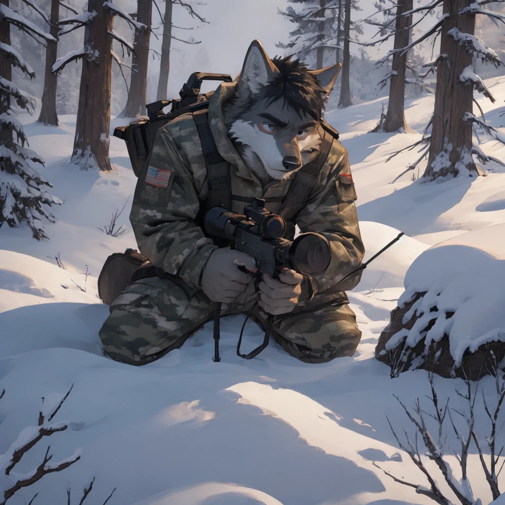 Male, male, Wolf, black fur, white fur, short hair, black hair, red heart stripes on his hair, 20 years old, snipers, sniper rifle, Snow camouflage, winter camouflage, dramatic effect, dramatic light, shadow, shade, higlight, high quality, high details, High detailed image, high quality image, Very detailed shadows, high detail shadows, Snowy forest, snowy, Winter