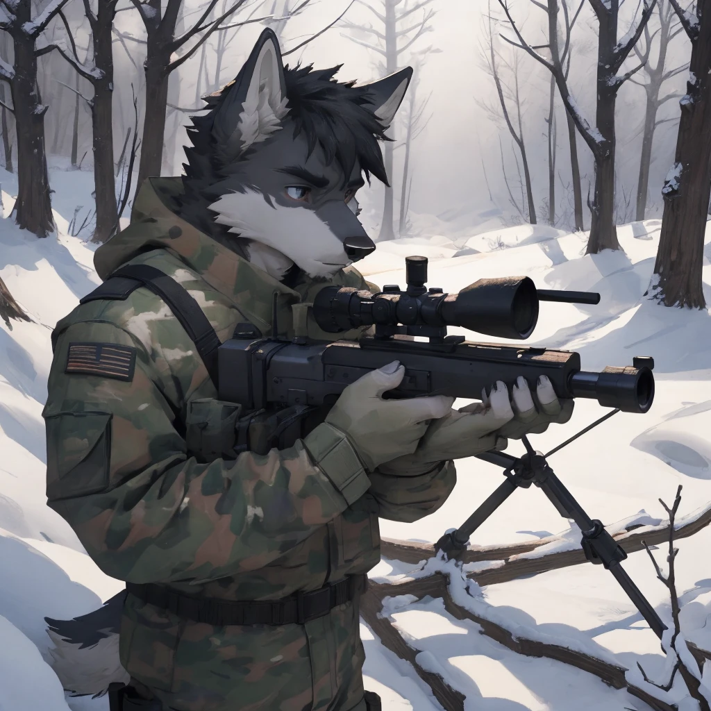 Male, male, Wolf, black fur, white fur, short hair, black hair, red heart stripes on his hair, 20 years old, snipers, sniper rifle, Snow camouflage, winter camouflage, dramatic effect, dramatic light, shadow, shade, higlight, high quality, high details, High detailed image, high quality image, Very detailed shadows, high detail shadows, Snowy forest, snowy, Winter